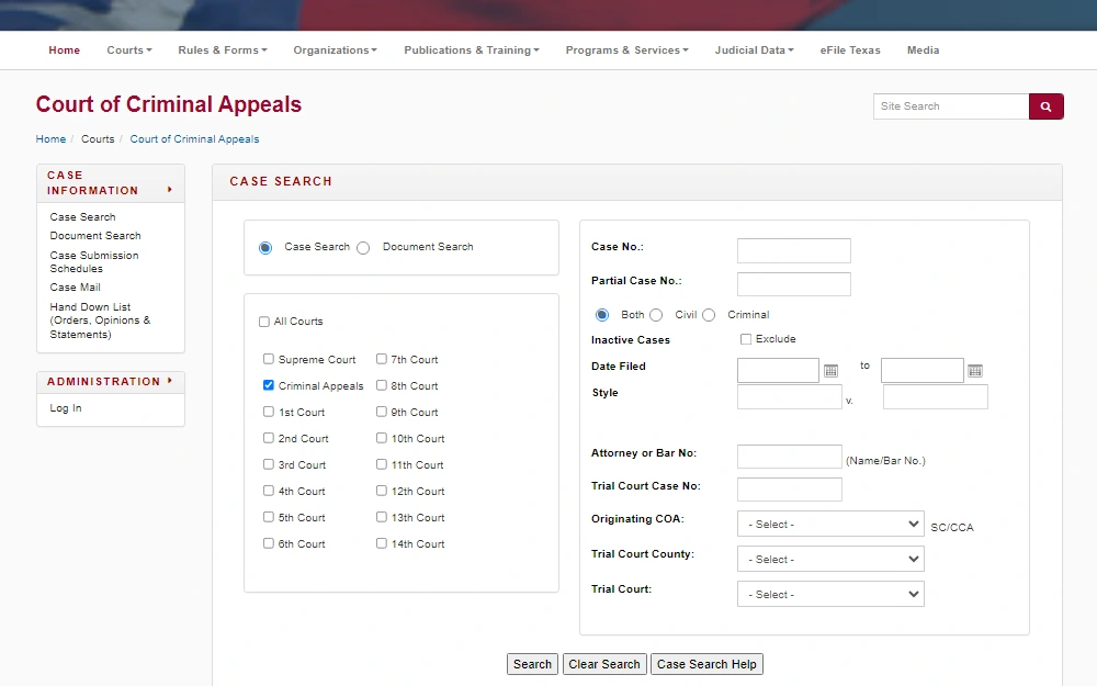 A screenshot of the Court of Criminal Appeals Case Search tool that can be used to search for court cases at the Court of Criminal Appeals level, which requires a case no. or other details to look for a specific case.