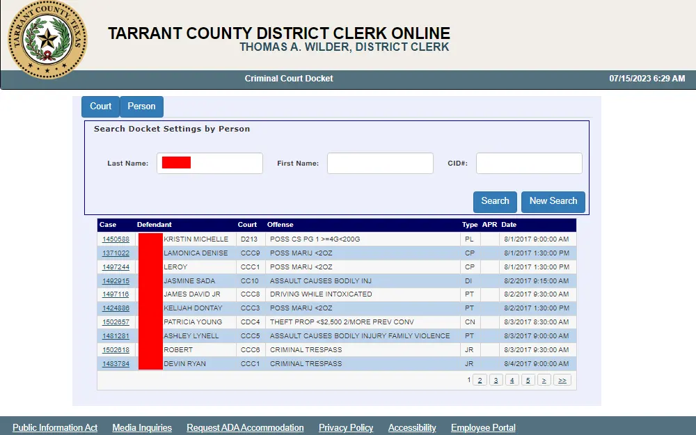 A screenshot of the Criminal Court Docket search results provided by the Tarrant County District Clerk that can be searched by providing the last name, first name, or CID #, which will result in a list of case no., defendant's name, court type, offenses, and other details.