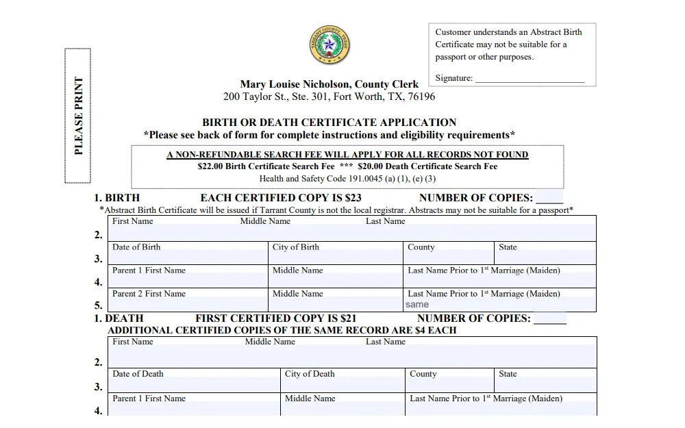 A screenshot of the Birth or Death Certificate Application form to be submitted when one requests a death or birth record of an individual in Tarrant County.