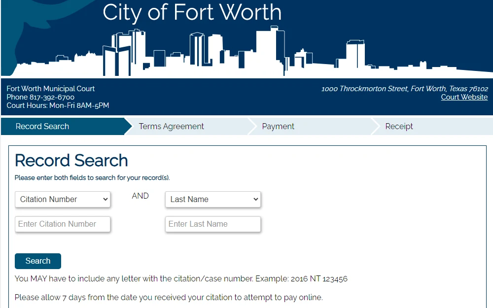A screenshot of Fort Worth Municipal Court Record Search requiring the citation or case number and last name in to search.