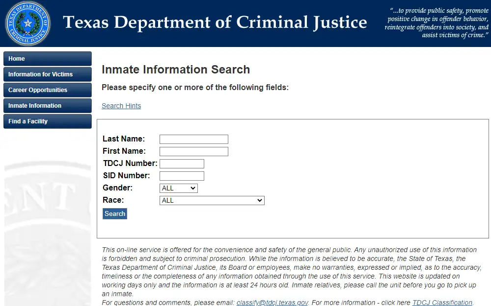 A screenshot of the Texas Department of Criminal Justice's Inmate Information Search, which can be navigated by providing the inmate's last name, first name, TDCJ number, SID number, gender, and race.