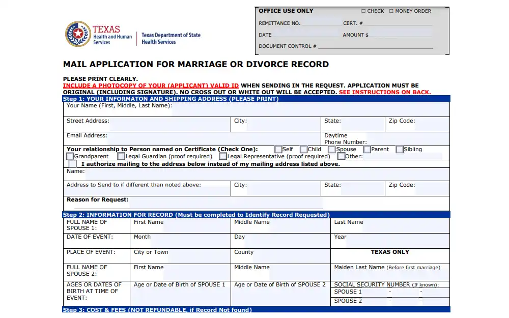 A screenshot of the Mail Application for Marriage or Divorce record form that must be submitted to be able to purchase and obtain marriage or divorce documentation.