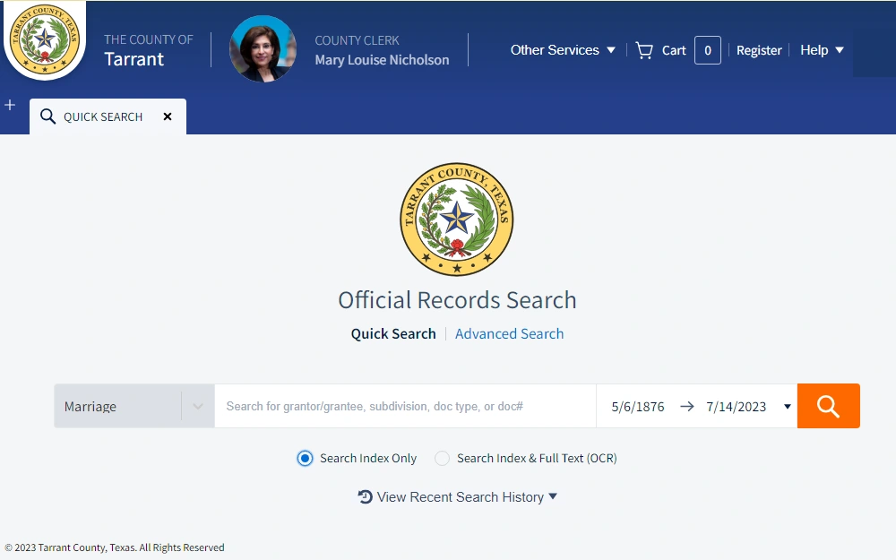 A screenshot of the Official Records Search platform of Tarrant County that can be used to search for any vital records information such as marriage by proving the grantor/grantee, subdivision, doc type, or doc number and also the timeframe which can be searched in the index or both index & full text (OCR).
