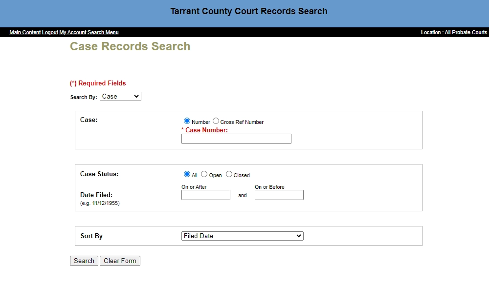 A screenshot of the Case Records Search tool of Tarrant County, which requires the case number, case status, and other details to locate a specific case.