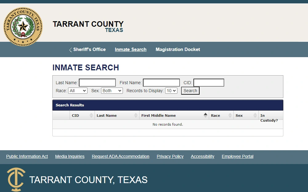 A screenshot of an Inmate Search tool provided by the Tarrant County Sheriff's office where one can locate a person's information by providing the inmate's last name, first name, ID, and other details. 