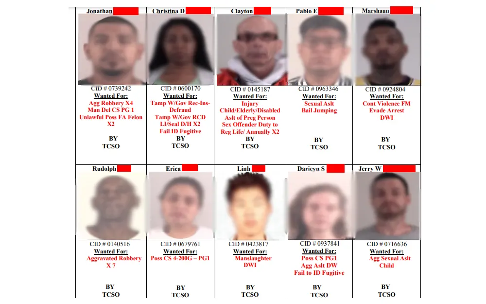 A screenshot of the most wanted criminals in Tarrant County showing their names, mugshots, offenses, and CID #.