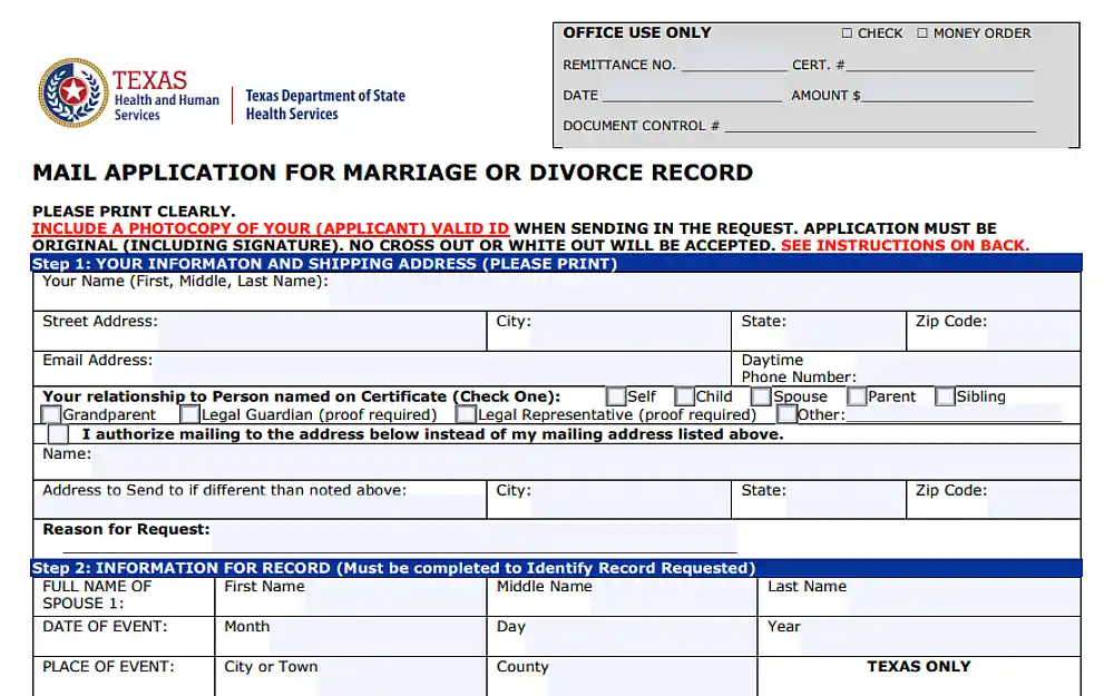A screenshot displaying an online mail application for marriage or divorce record from the Texas Department of State Health and Human Services website requiring some details such as name, address, email address, identification of the record requestor and others.