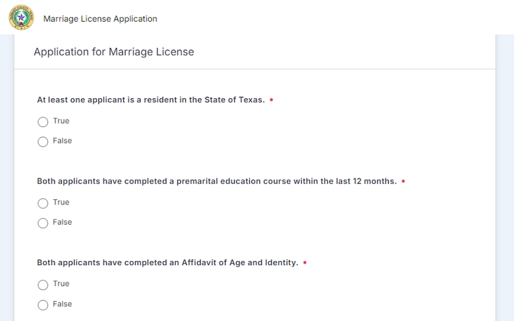 A screenshot displaying an online marriage license application that requires selecting an option for the questions regarding the applicant's residency, premarital education course completion, affidavit of age and identity completion and others.
