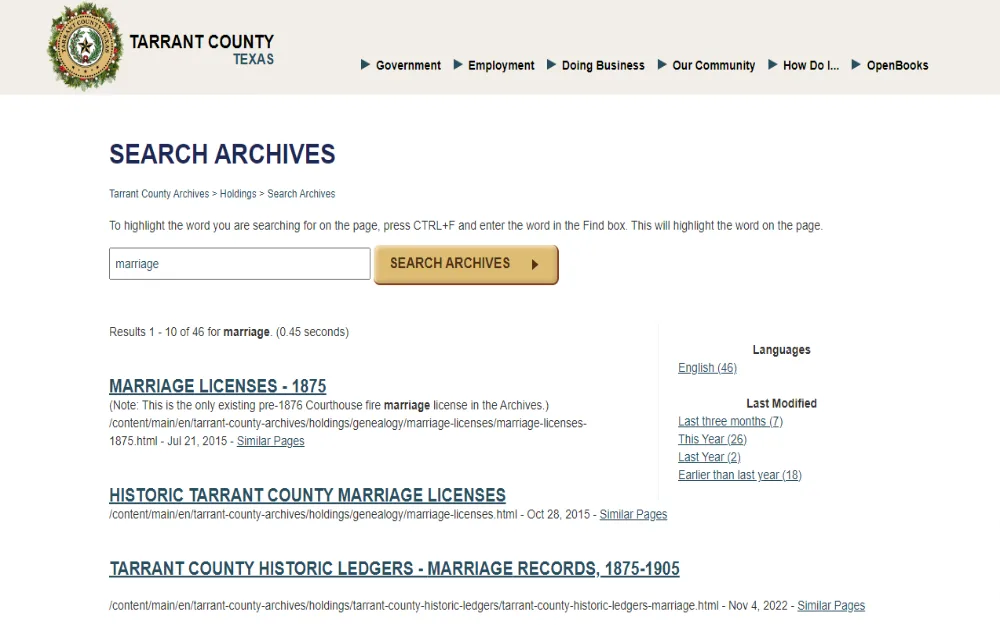 A screenshot showing a search tool bar results for marriage archives from Tarrant County Texas County Clerk website displaying the title, preview description and date.