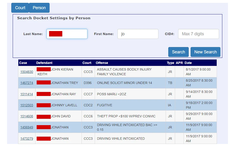 Screenshot of the criminal docket search results listing the individuals' names, case number, court, offense and type, and the date of offense.