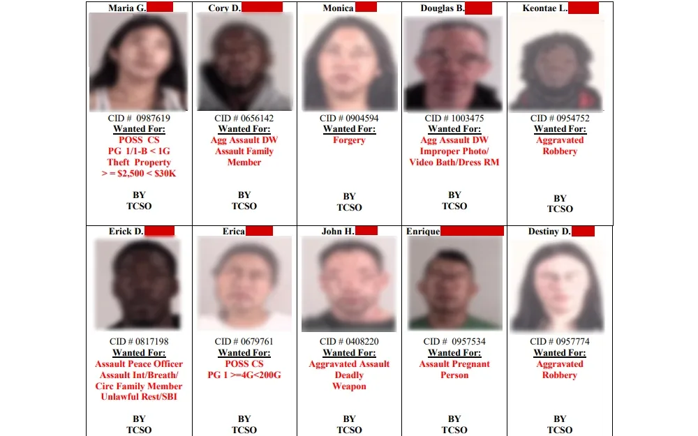 Screenshot of the updated top ten most wanted in Tarrant County displaying the mugshots, names, and offenses of the individuals.