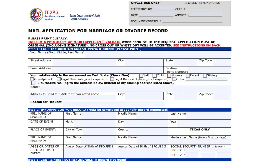 A screenshot from the Texas Department of State Health Services detailing a form for mail application to request marriage or divorce records, with fields for personal and shipping information, details about the relationship to the person on the certificate, and specific information about the requested record.