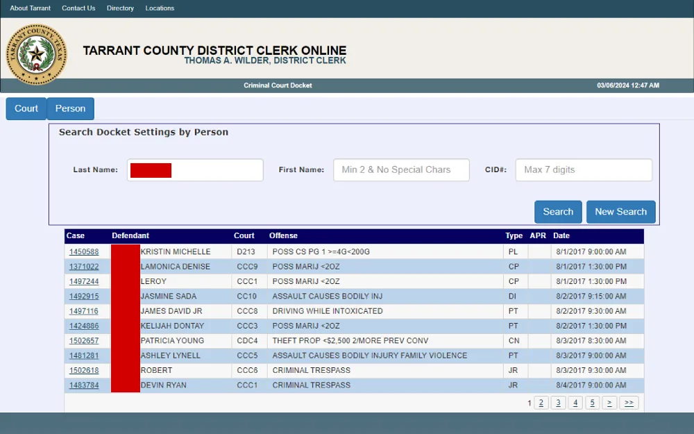 A screenshot showing a Tarrant County District Clerk Online criminal court docket results displaying information such as case number, defendant's full name, court, offense, type and date.