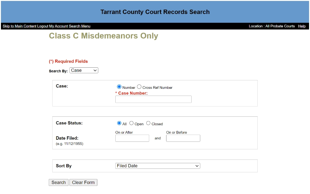 A screenshot showing a Tarrant County Court Records Search with options to search by case, defendant, citation, attorney, and date filed.