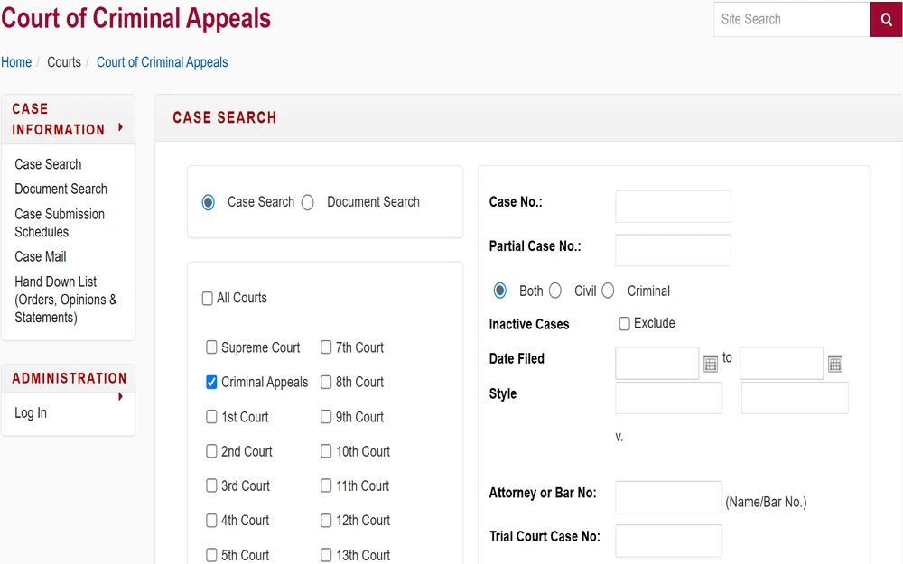 A screenshot of the Court of Criminal Appeals Case Search tool that can be used to search for court cases at the Court of Criminal Appeals level, which requires a case no. or other details to look for a specific case.