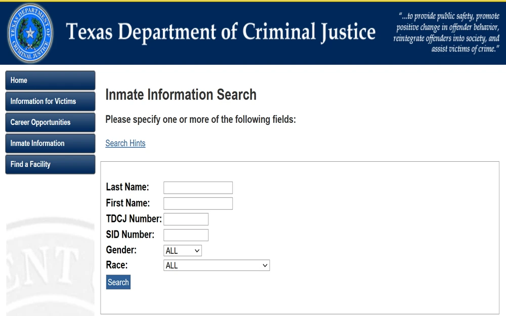 A screenshot of the Texas Department of Criminal Justice's Inmate Information Search, which can be navigated by providing the inmate's last name, first name, TDCJ number, SID number, gender, and race.