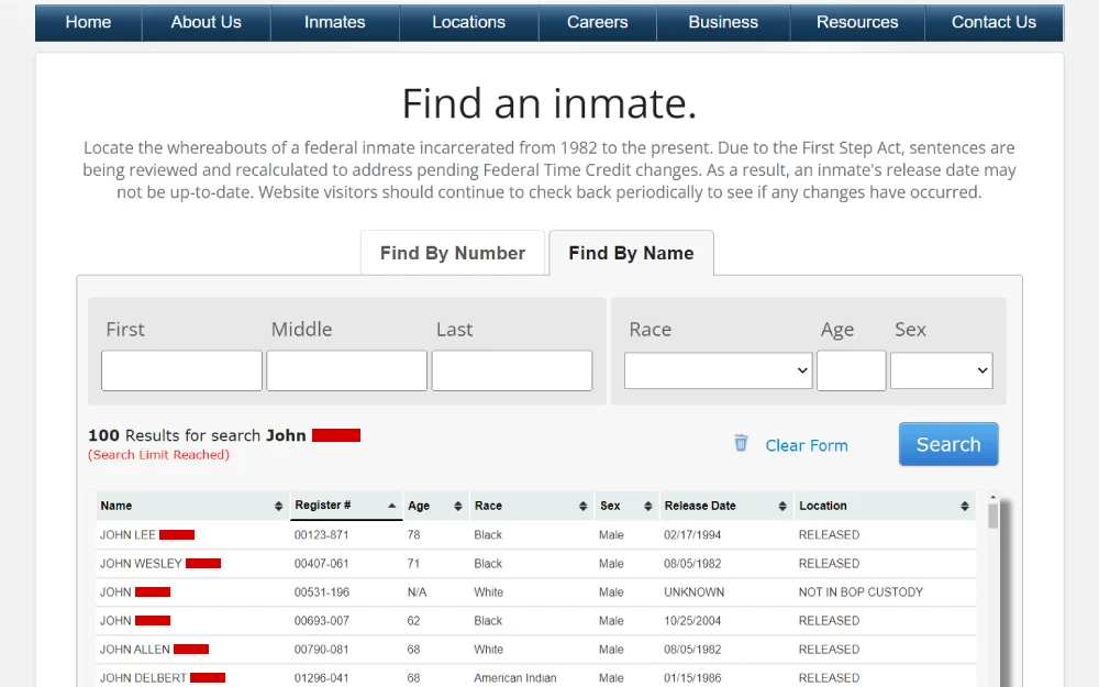 A screenshot showing a federal inmate search with 100 results for a specific name, displaying inmate details including register number, age, race, sex, release date, and location, with some inmates marked as released.