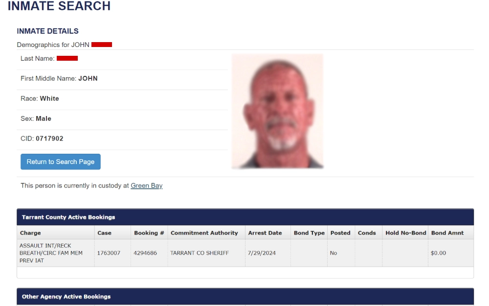 A screenshot showing a male inmate's details, including race (White), sex (Male), CID number, a photo of a bald man with a goatee, held in Green Bay for assault with no bond set after being arrested on 7/29/2024.