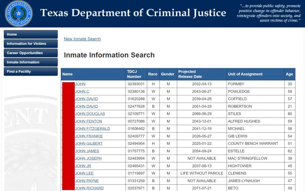 A screenshot from the Texas Department of Criminal Justice showing an inmate information search with a list of male inmates, displaying details such as name, TDCJ number, race, gender, projected release date, unit of assignment, and age.